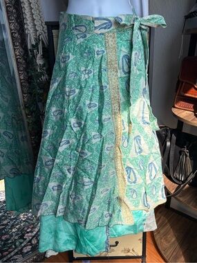 Rhea NWT Green Paisley Floral Double Layer Reversible Magic Wrap Skirt Maxi OS